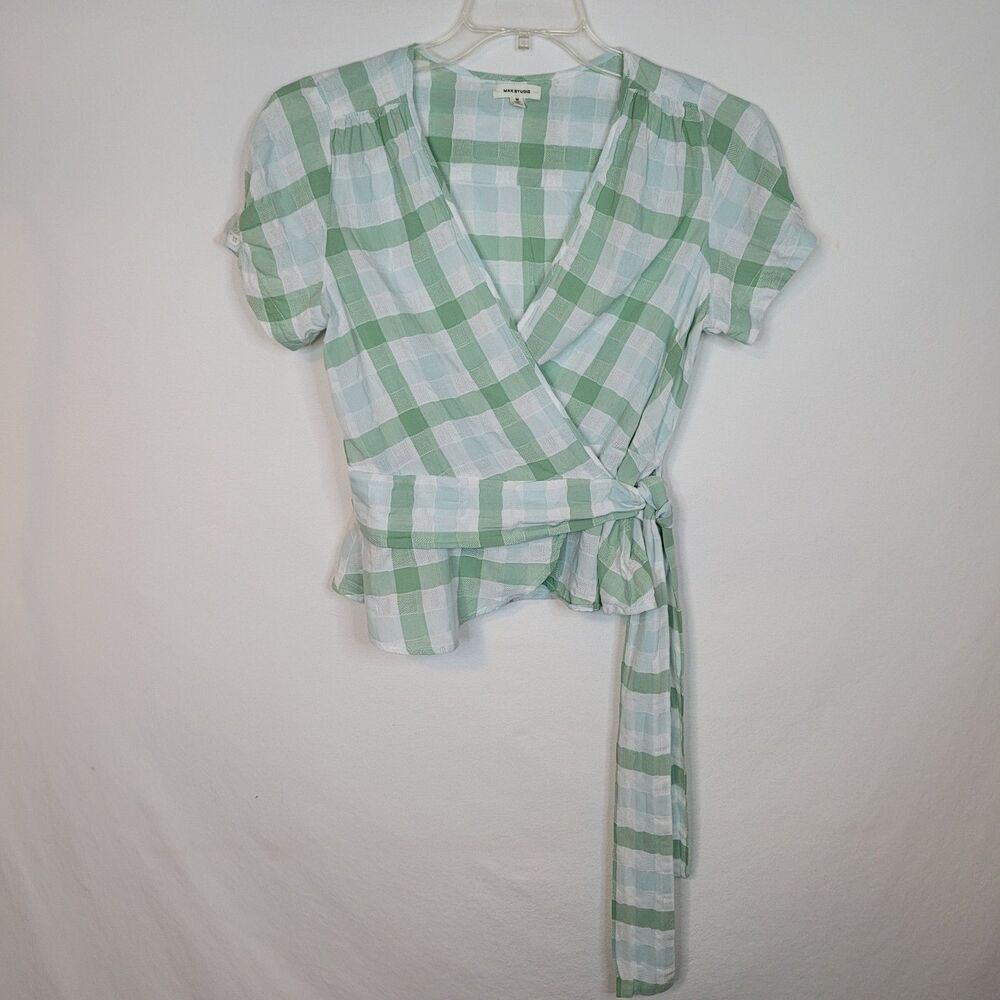 Max Studio V-Neck Wrap Top Womens M Green Gingham Plaid Short Sleeve Cottagecore